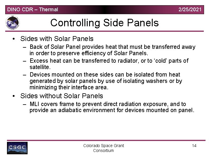 DINO CDR – Thermal 2/25/2021 Controlling Side Panels • Sides with Solar Panels –