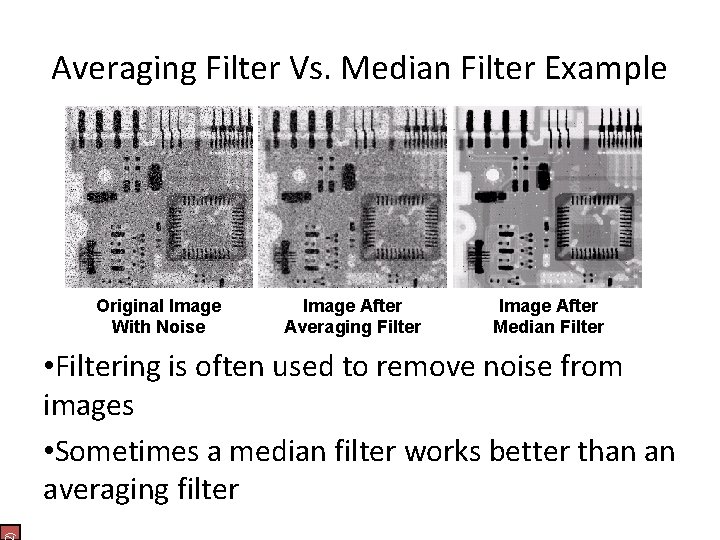 Averaging Filter Vs. Median Filter Example Original Image With Noise Image After Averaging Filter