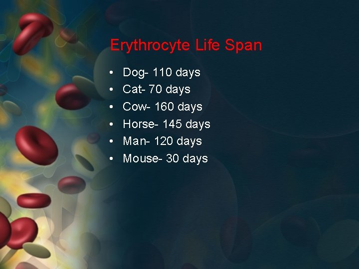 Erythrocyte Life Span • • • Dog- 110 days Cat- 70 days Cow- 160