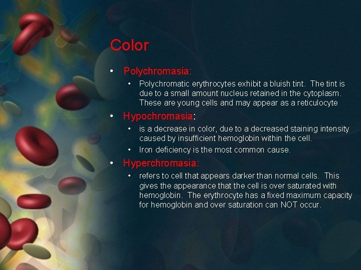 Color • Polychromasia: • Polychromatic erythrocytes exhibit a bluish tint. The tint is due