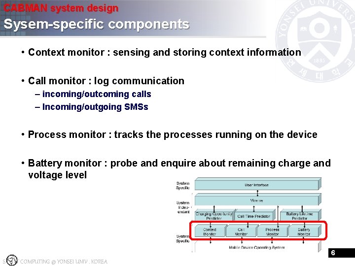 CABMAN system design Sysem-specific components • Context monitor : sensing and storing context information