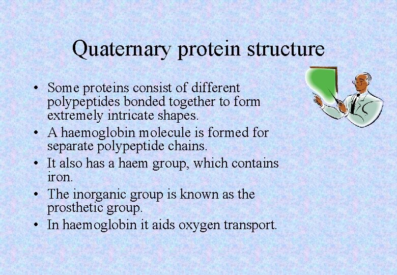 Quaternary protein structure • Some proteins consist of different polypeptides bonded together to form