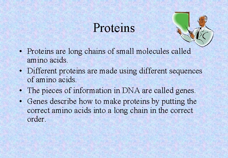 Proteins • Proteins are long chains of small molecules called amino acids. • Different