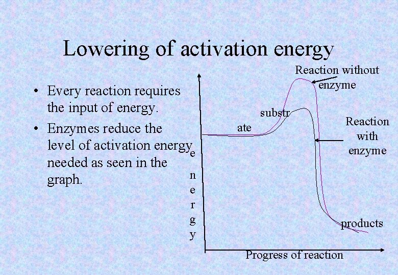 Lowering of activation energy • Every reaction requires the input of energy. • Enzymes