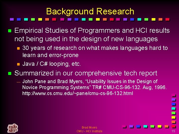 Background Research n Empirical Studies of Programmers and HCI results not being used in
