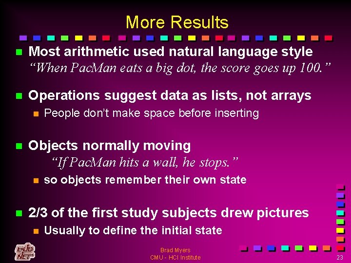 More Results n Most arithmetic used natural language style “When Pac. Man eats a