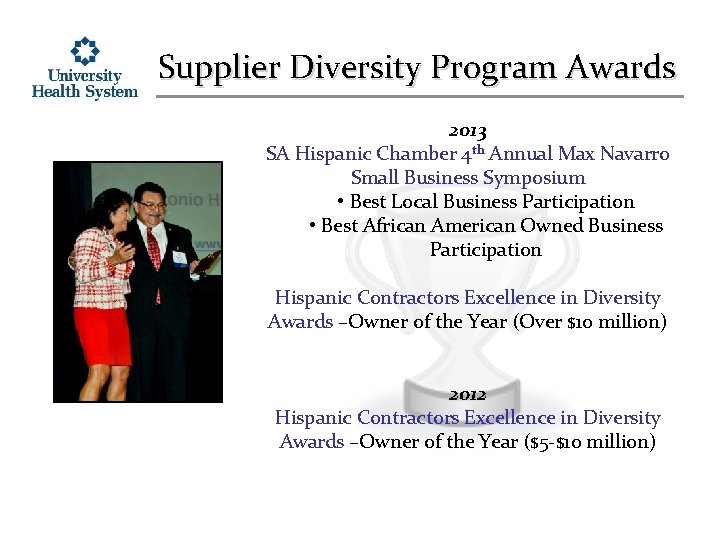 Supplier Diversity Program Awards 2013 SA Hispanic Chamber 4 th Annual Max Navarro Small