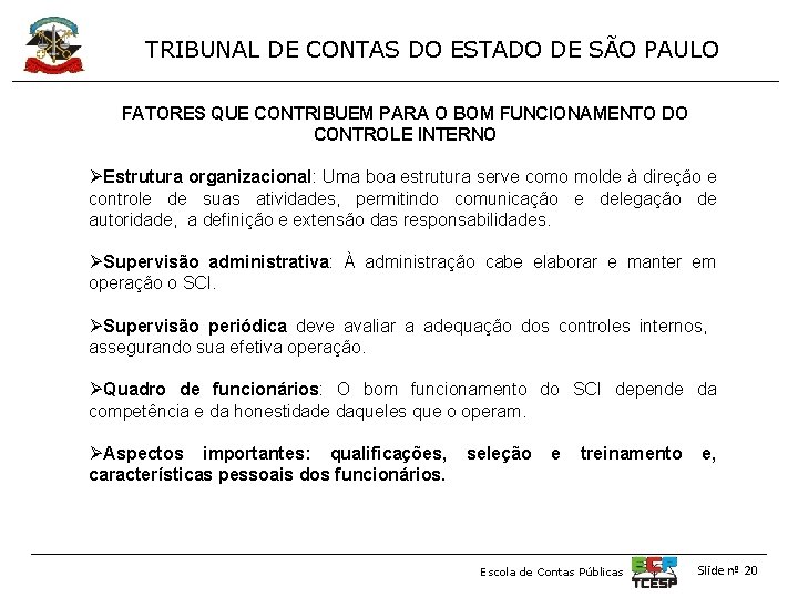 TRIBUNAL DE CONTAS DO ESTADO DE SÃO PAULO FATORES QUE CONTRIBUEM PARA O BOM