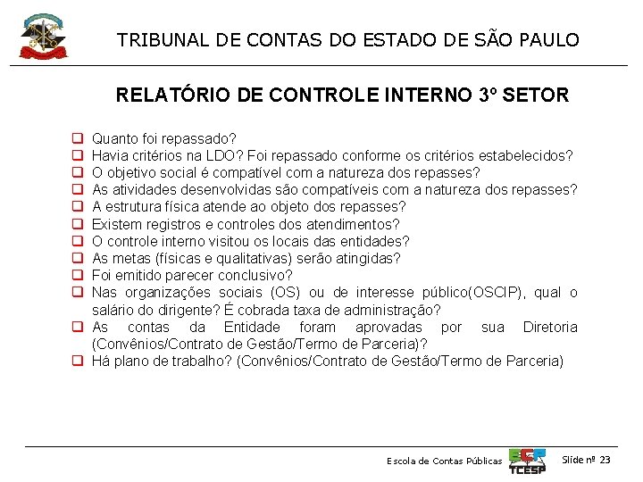 TRIBUNAL DE CONTAS DO ESTADO DE SÃO PAULO RELATÓRIO DE CONTROLE INTERNO 3º SETOR
