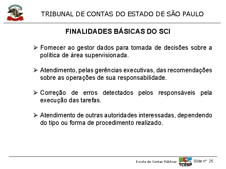 TRIBUNAL DE CONTAS DO ESTADO DE SÃO PAULO FINALIDADES BÁSICAS DO SCI Ø Fornecer