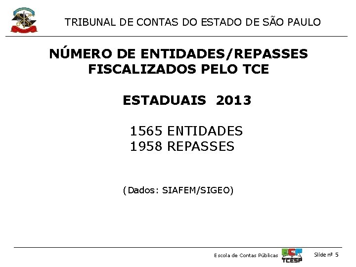 TRIBUNAL DE CONTAS DO ESTADO DE SÃO PAULO NÚMERO DE ENTIDADES/REPASSES FISCALIZADOS PELO TCE