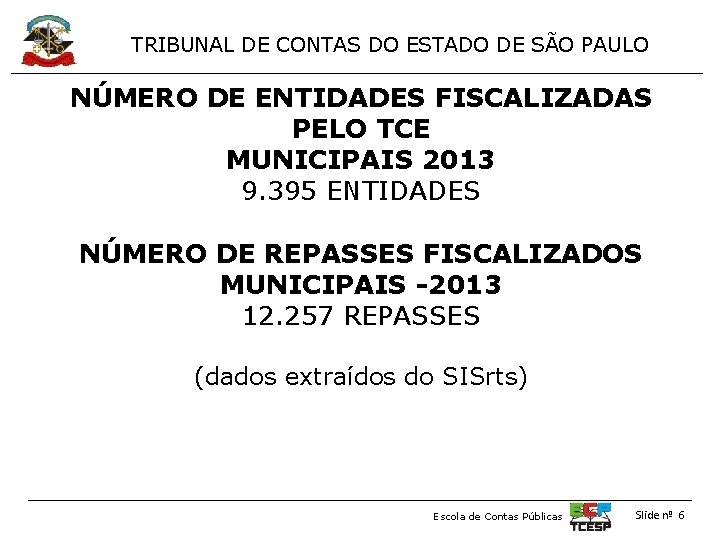 TRIBUNAL DE CONTAS DO ESTADO DE SÃO PAULO NÚMERO DE ENTIDADES FISCALIZADAS PELO TCE