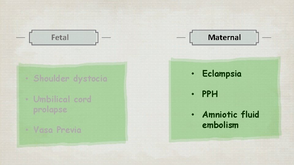Fetal • Shoulder dystocia • Umbilical cord prolapse • Vasa Previa Maternal • Eclampsia