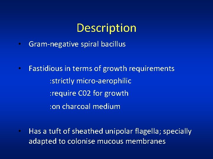 Description • Gram-negative spiral bacillus • Fastidious in terms of growth requirements : strictly