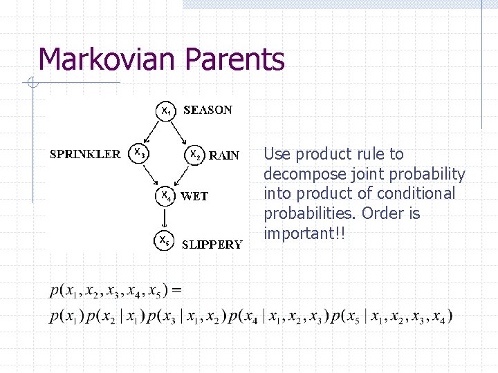 Markovian Parents Use product rule to decompose joint probability into product of conditional probabilities.