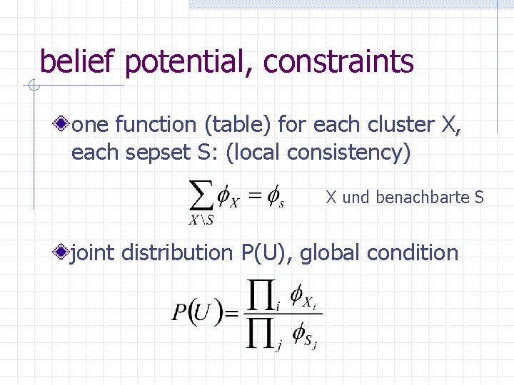 belief potential, constraints one function (table) for each cluster X, each sepset S: (local