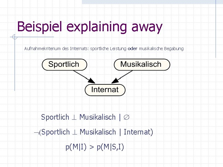 Beispiel explaining away Aufnahmekriterium des Internats: sportliche Leistung oder musikalische Begabung Sportlich ^ Musikalisch