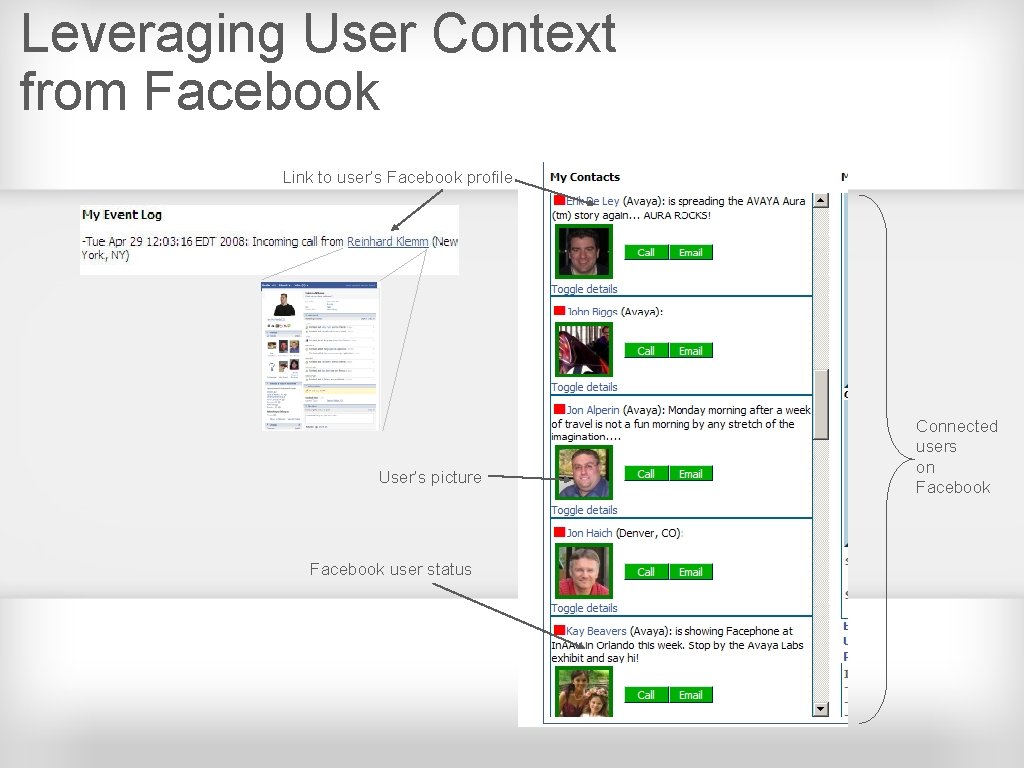 Leveraging User Context from Facebook Link to user’s Facebook profile User’s picture Facebook user