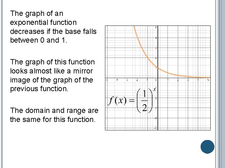 The graph of an exponential function decreases if the base falls between 0 and