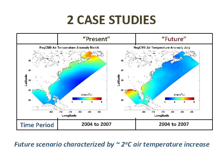 2 CASE STUDIES Atmospheric Forcing Time Period “Present” “Future” NCEP-NARR 3 -h fields: Added