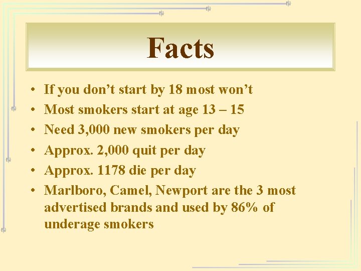 Facts • • • If you don’t start by 18 most won’t Most smokers