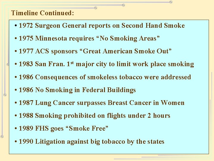 Timeline Continued: • 1972 Surgeon General reports on Second Hand Smoke • 1975 Minnesota