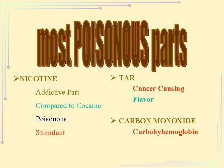 ØNICOTINE Addictive Part Compared to Cocaine Poisonous Stimulant Ø TAR Cancer Causing Flavor Ø