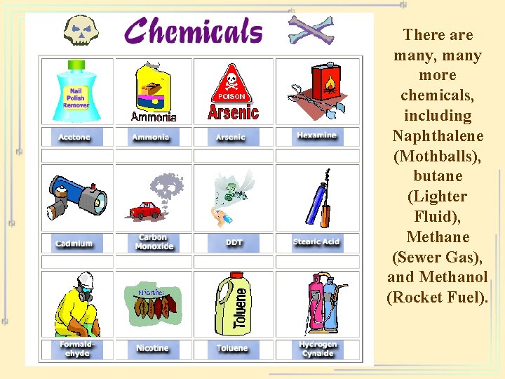 There are many, many more chemicals, including Naphthalene (Mothballs), butane (Lighter Fluid), Methane (Sewer