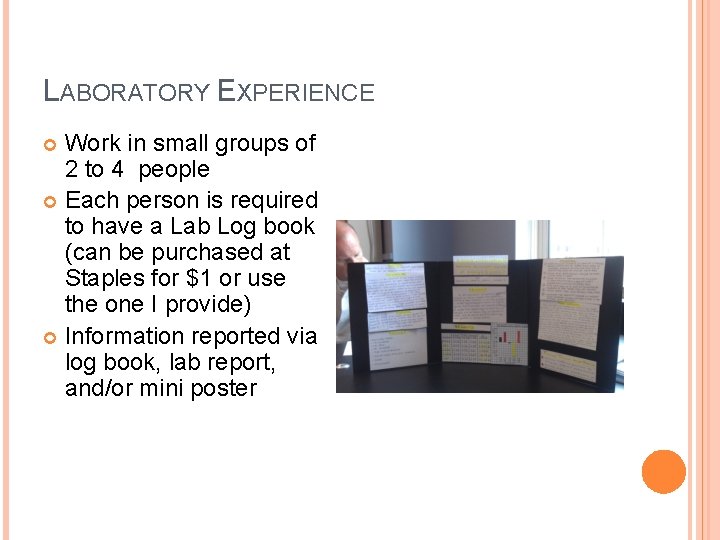 LABORATORY EXPERIENCE Work in small groups of 2 to 4 people Each person is