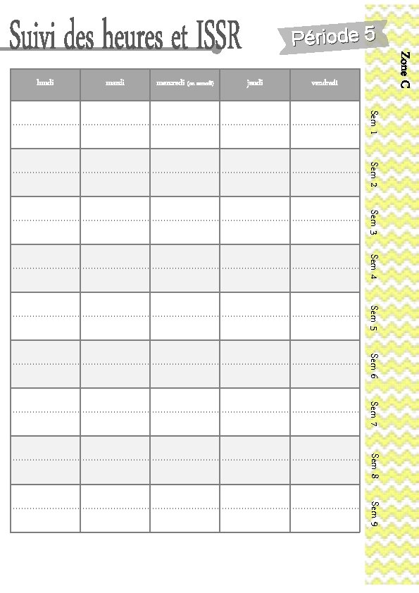 Période 5 mardi mercredi (ou samedi) jeudi Zone C lundi vendredi Sem 1 Sem
