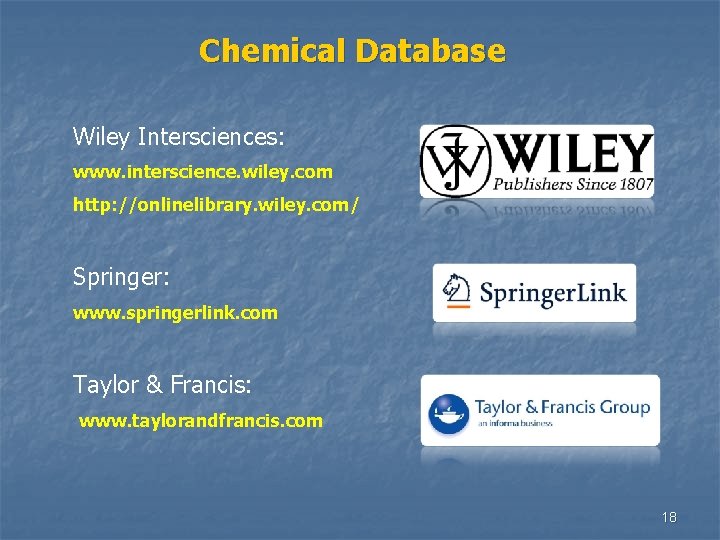 Chemical Database Wiley Intersciences: www. interscience. wiley. com http: //onlinelibrary. wiley. com/ Springer: www.