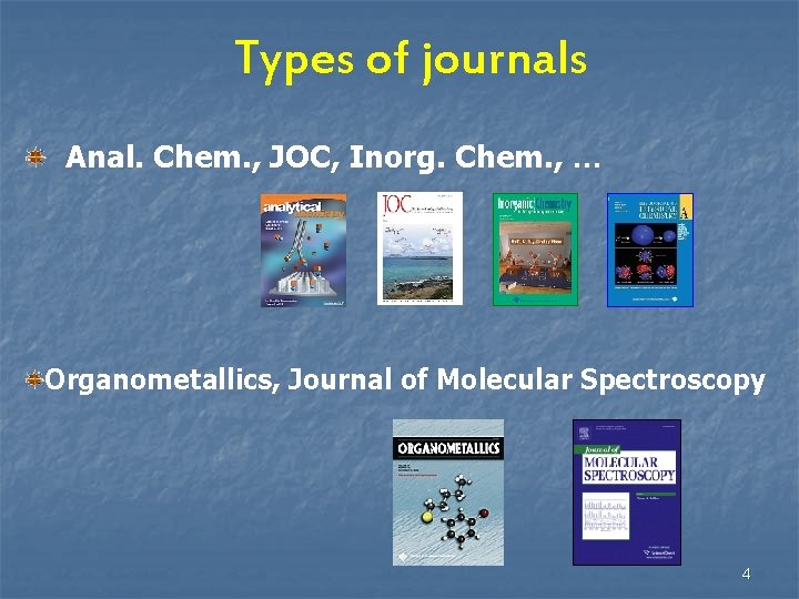 Types of journals Anal. Chem. , JOC, Inorg. Chem. , … Organometallics, Journal of