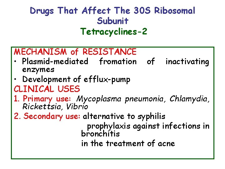 Drugs That Affect The 30 S Ribosomal Subunit Tetracyclines-2 MECHANISM of RESISTANCE • Plasmid-mediated