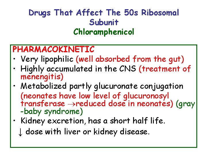 Drugs That Affect The 50 s Ribosomal Subunit Chloramphenicol PHARMACOKINETIC • Very lipophilic (well