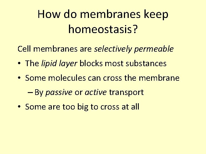 How do membranes keep homeostasis? Cell membranes are selectively permeable • The lipid layer