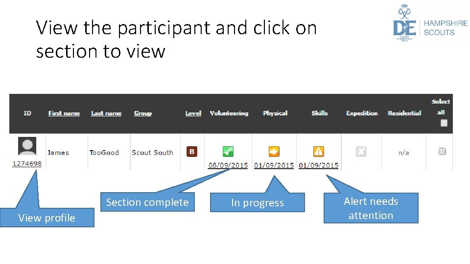 View the participant and click on section to view Section complete View profile In