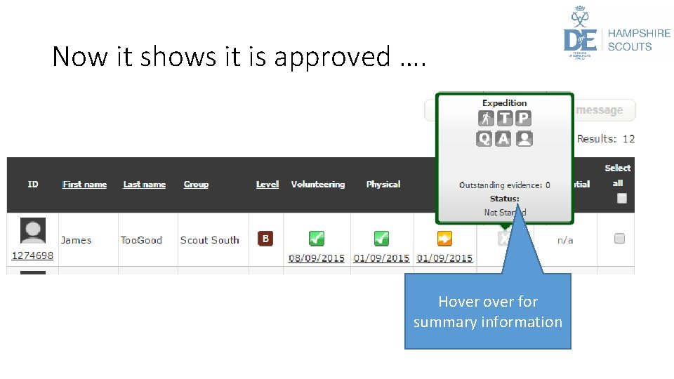 Now it shows it is approved …. Hover for summary information 