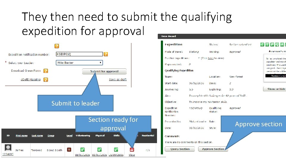 They then need to submit the qualifying expedition for approval Submit to leader Section
