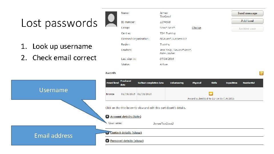 Lost passwords 1. Look up username 2. Check email correct Username Email address 