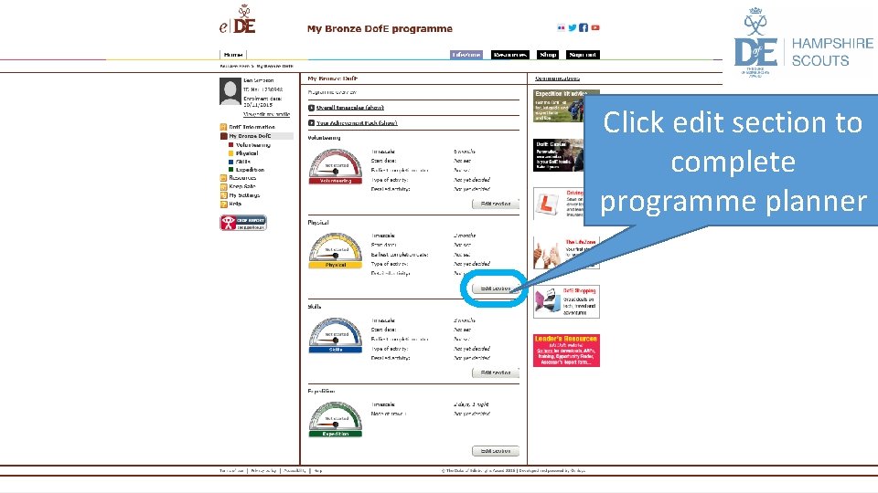 Click edit section to complete programme planner 
