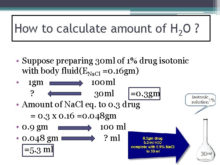 How to calculate amount of H 2 O ? • Suppose preparing 30 ml