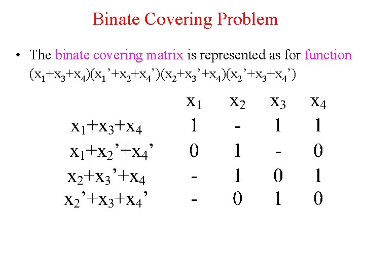 Binate Covering Problem • The binate covering matrix is represented as for function (x