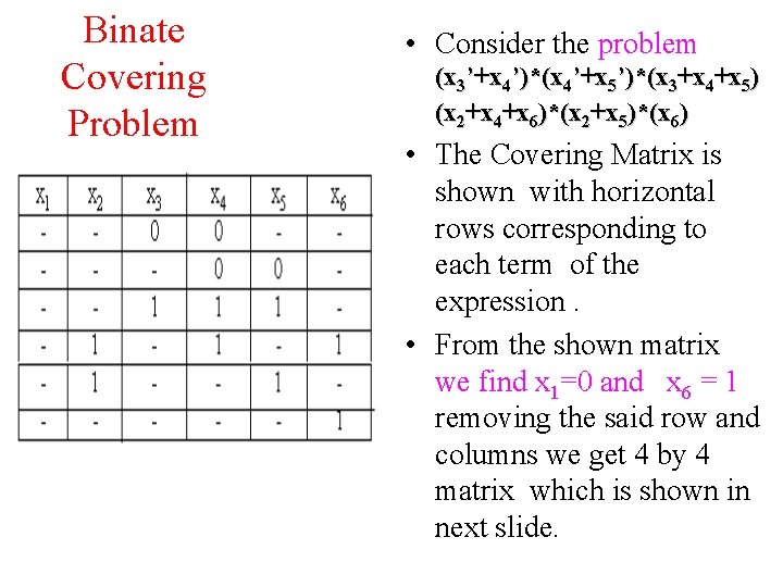 Binate Covering Problem • Consider the problem (x 3’+x 4’)*(x 4’+x 5’)*(x 3+x 4+x