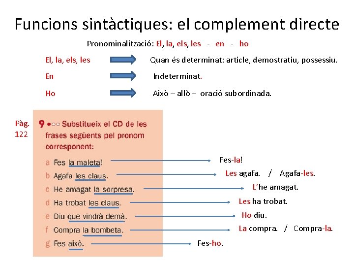 Funcions sintàctiques: el complement directe Pronominalització: El, la, els, les - en - ho
