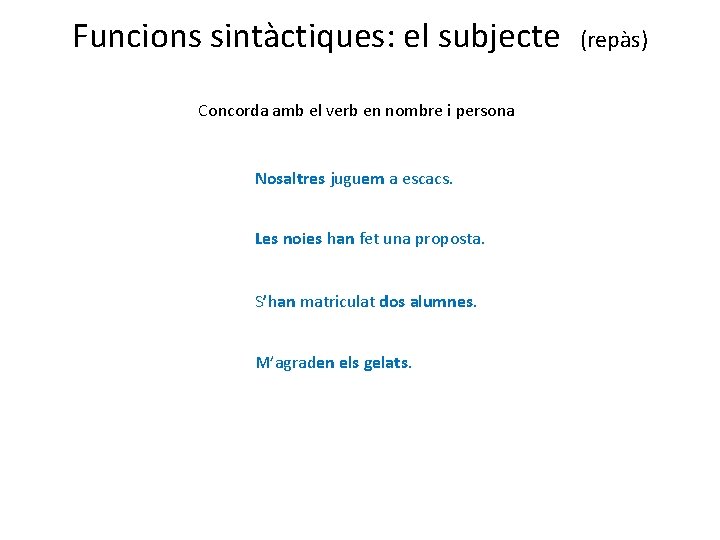 Funcions sintàctiques: el subjecte Concorda amb el verb en nombre i persona Nosaltres juguem