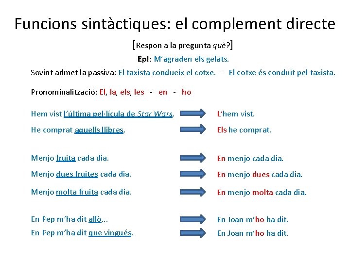 Funcions sintàctiques: el complement directe [Respon a la pregunta què? ] Ep!: Ep! M’agraden