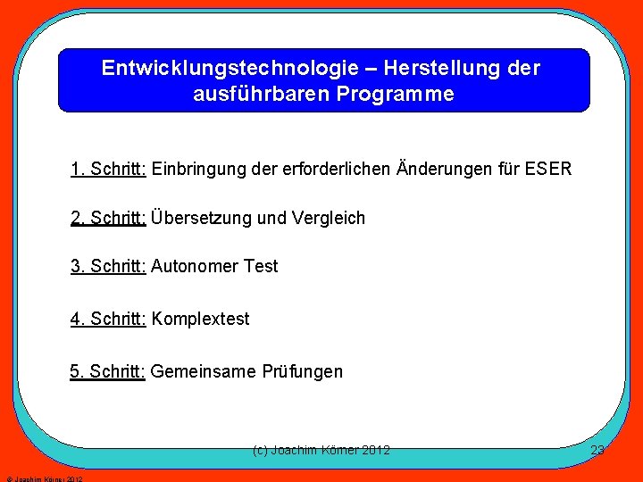 Entwicklungstechnologie – Herstellung der ausführbaren Programme 1. Schritt: Einbringung der erforderlichen Änderungen für ESER