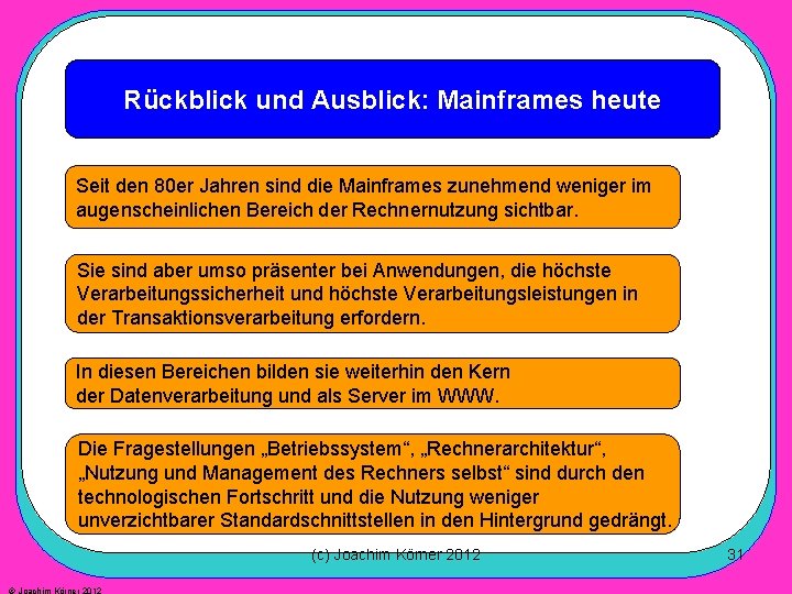 Rückblick und Ausblick: Mainframes heute Seit den 80 er Jahren sind die Mainframes zunehmend