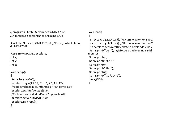 //Programa : Teste Acelerometro MMA 7361 //Alterações e comentários : Arduino e Cia #include