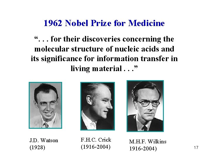 1962 Nobel Prize for Medicine “. . . for their discoveries concerning the molecular
